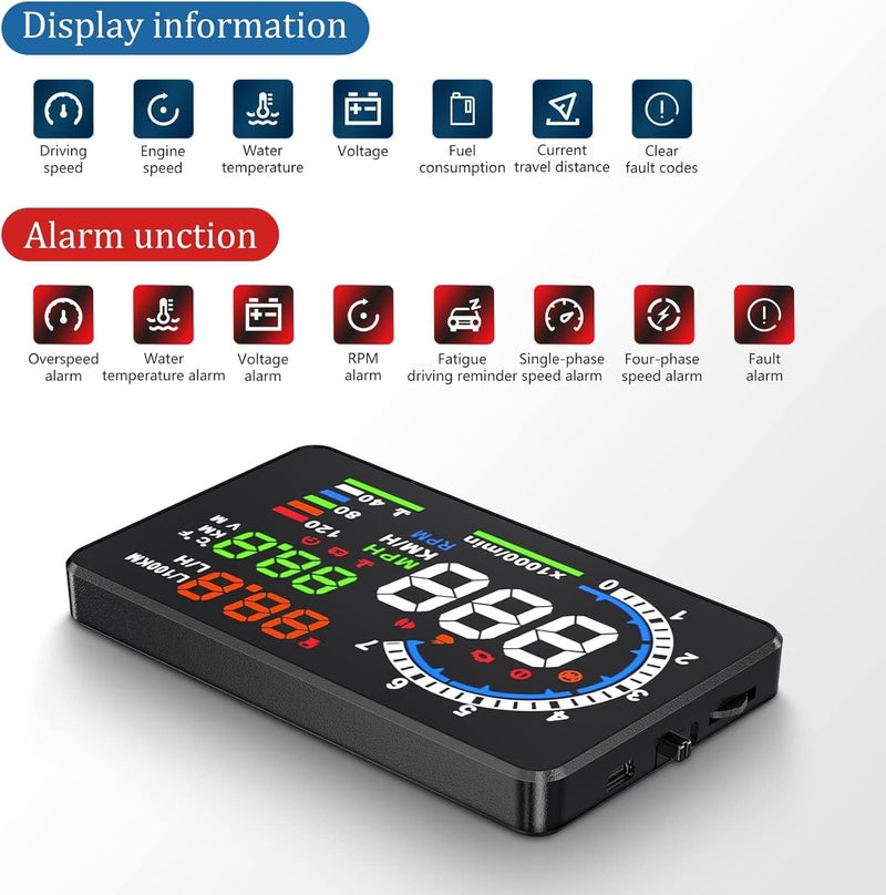 wiiiw عرض رأس السيارة، عداد سرعة رقمي للسيارة A8 مع وظيفة OBD، شاشة كبيرة 5.5 بوصة، عداد سرعة HUD للسيارة لجميع المركبات (عداد سرعة OBD2 A8) - Image 3